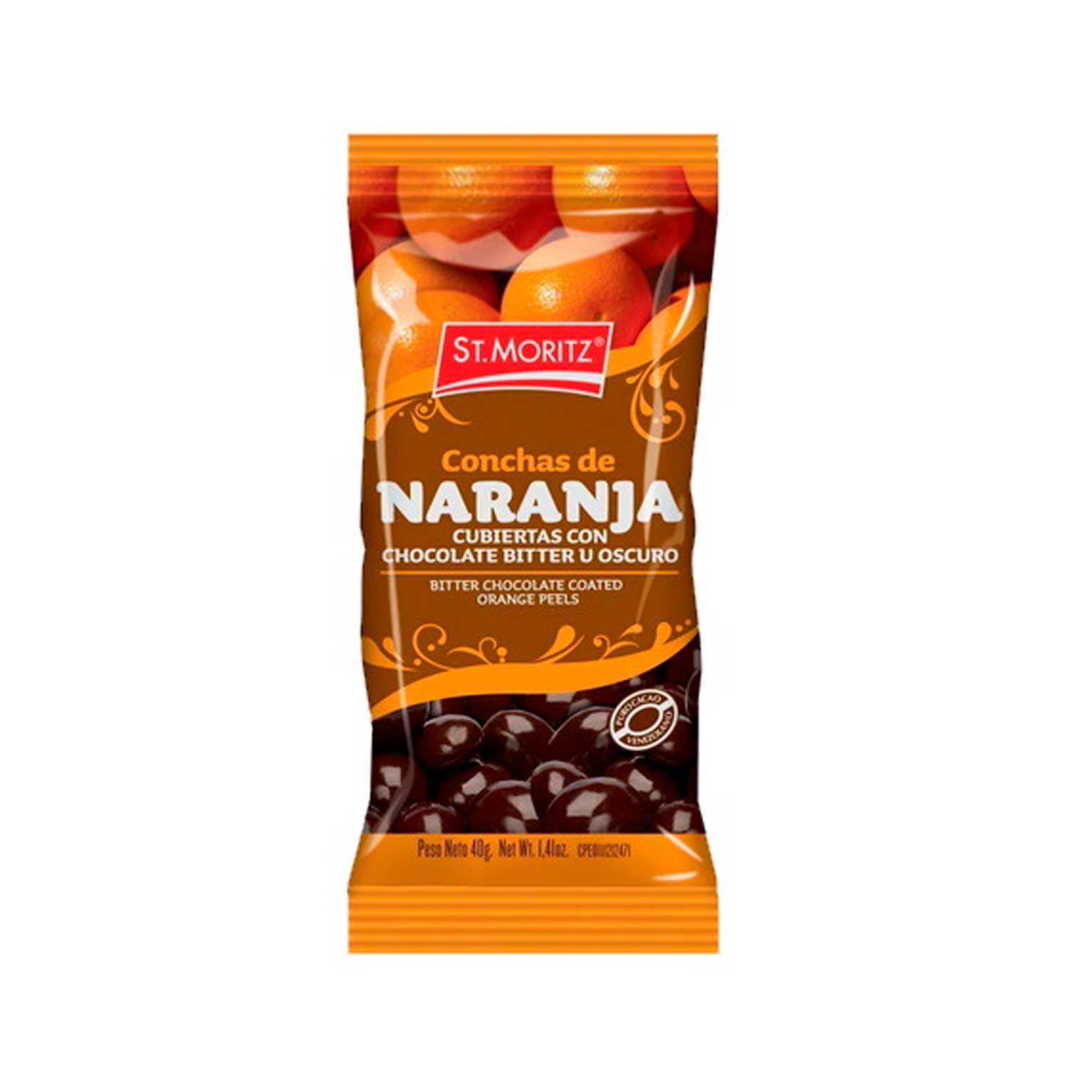 Conchas de Naranja Cubiertas con Chocolate de Leche St. Moritz. 40 g