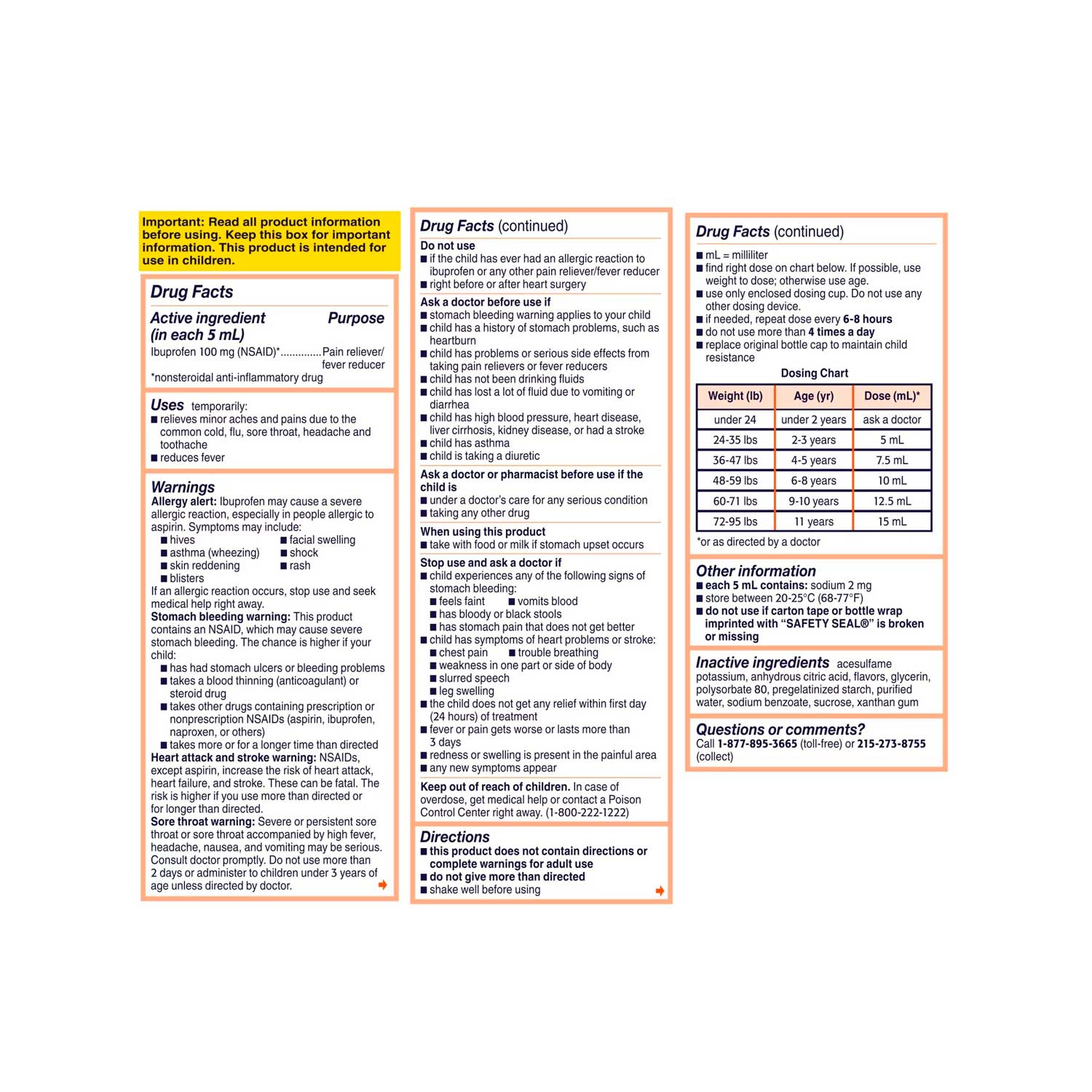Suspensión Oral de Ibuprofeno Motrin para niños. 120 ml