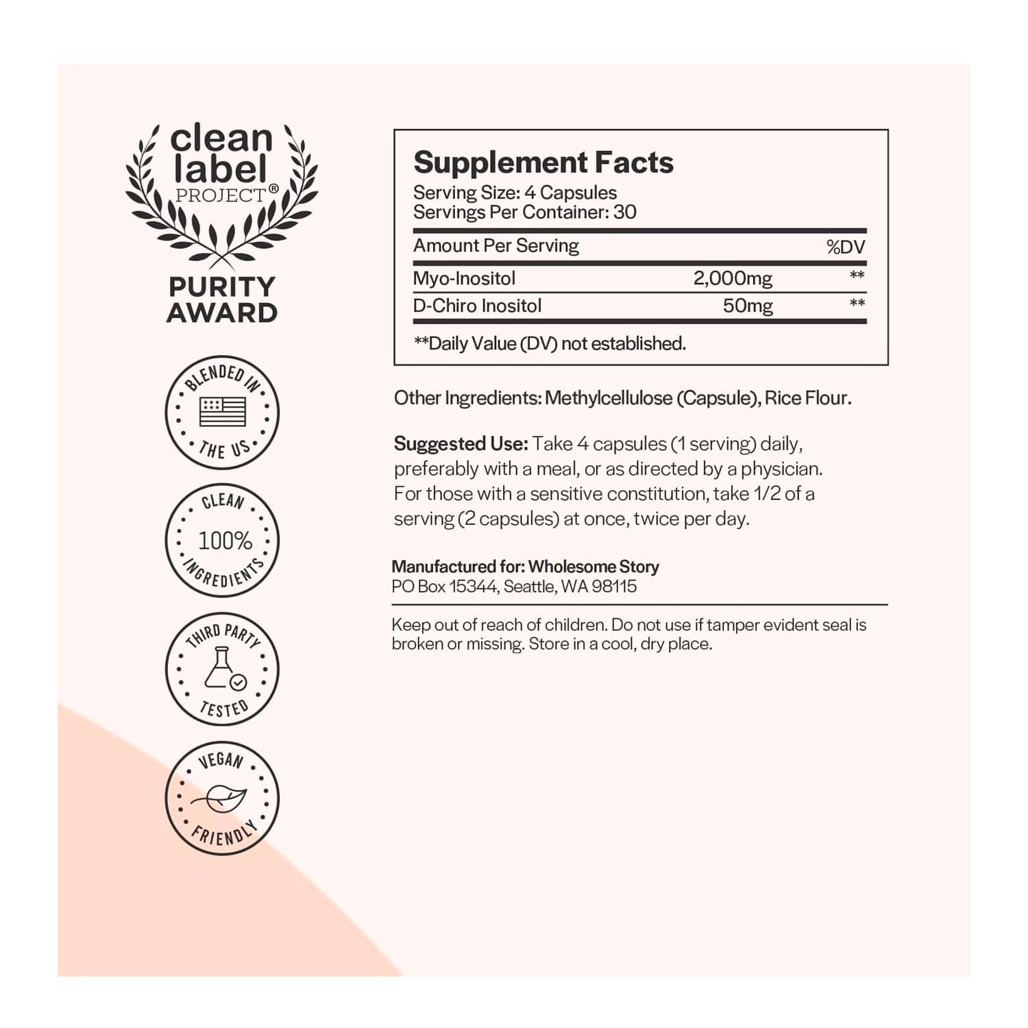 Myo & D-Chiro Inositol en polvo. Wholesome Story. 2050 mg. 61.5 gr