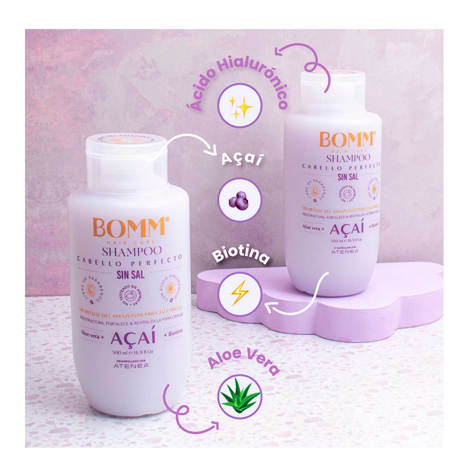 Shampoo sin Sal BOMM Biotina + Colágeno Atenea. 500 ml