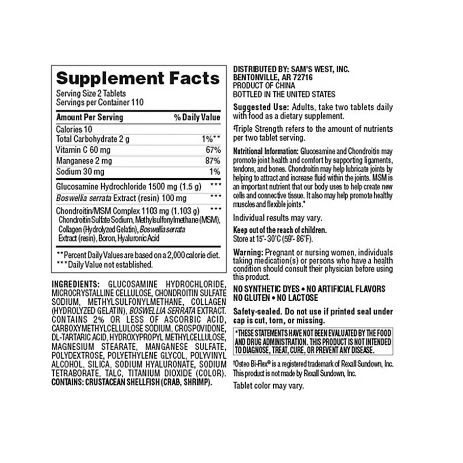 Glucosamina + Condroitina Members Mark 1500 mg + 1103 mg. 220 tabs