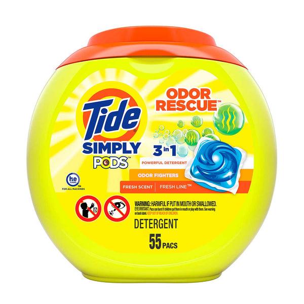 Jabón de lavar 3 en 1 Tide Simply Odor Rescue. 55 pods