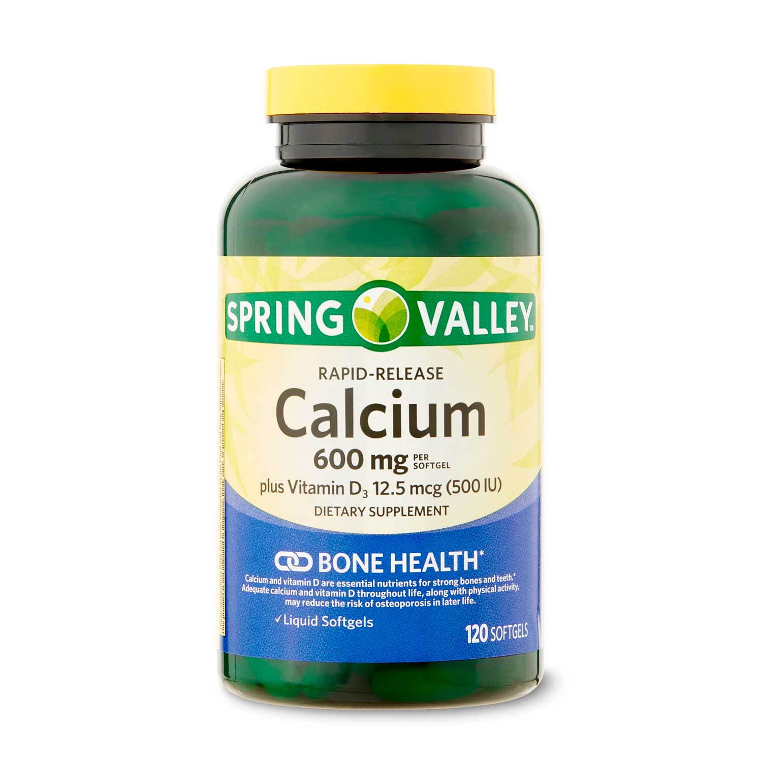 Calcio 600 mg + 500 IU Vit D3 Spring Valley 120 Cápsulas