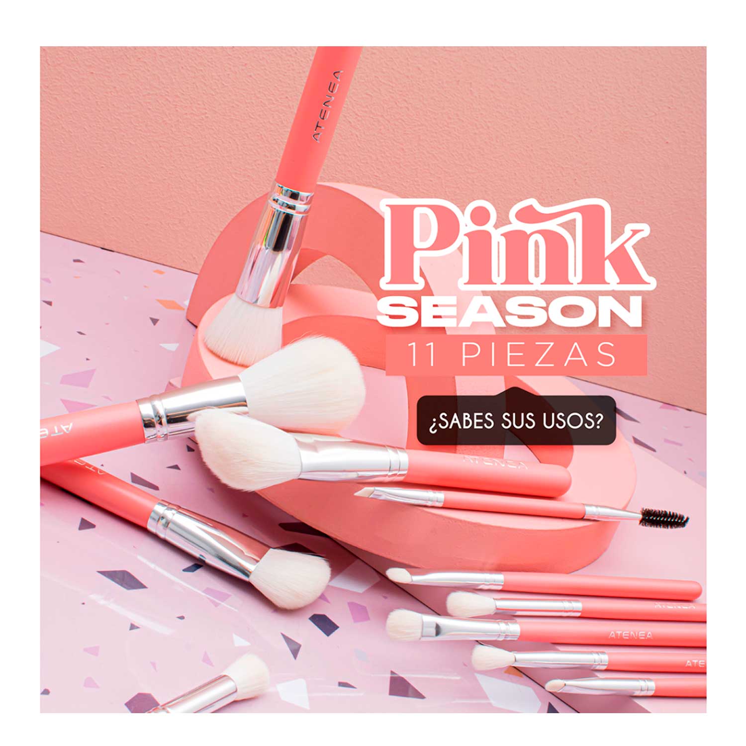 Kit de Brochas de Maquillaje Pink Season Atenea. 11 Pcs